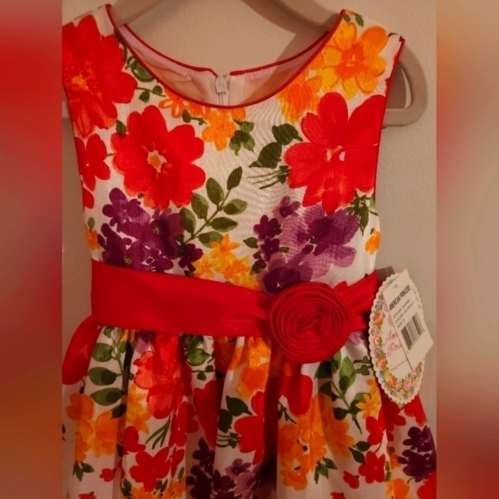 American Princess- NWT Lovely red, green, orange,yellow floral dress, Si… - Picture 5 of 5